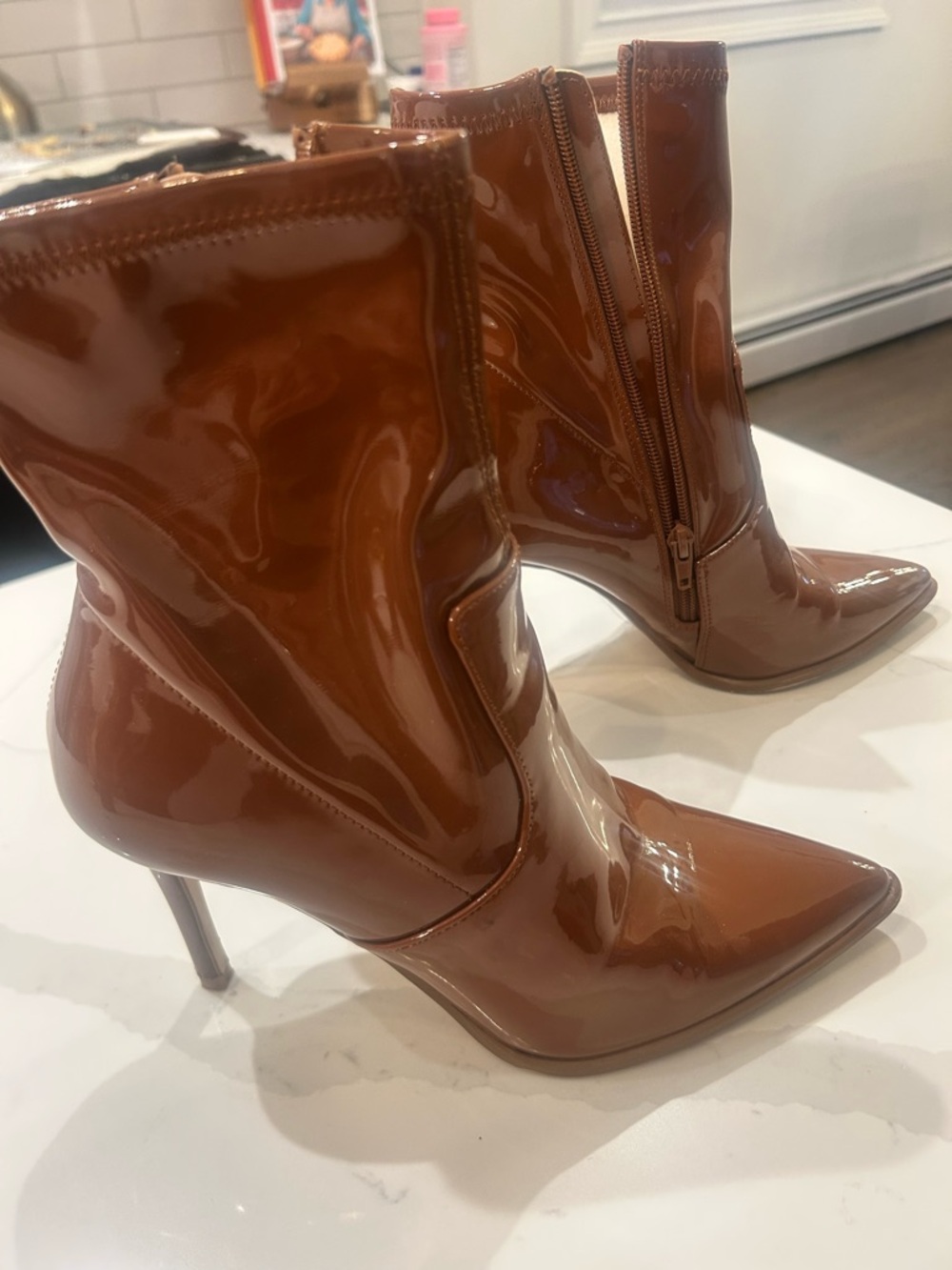 Steve Madden Cognac Patent Pointed-Toe Stiletto Ankle Boots